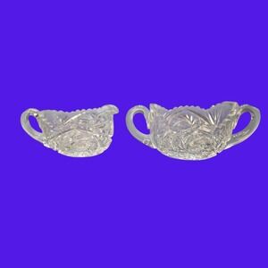 Vintage Cut Glass Creamer and Sugar Bowl Set Pinwheel Starburst Pattern Clear